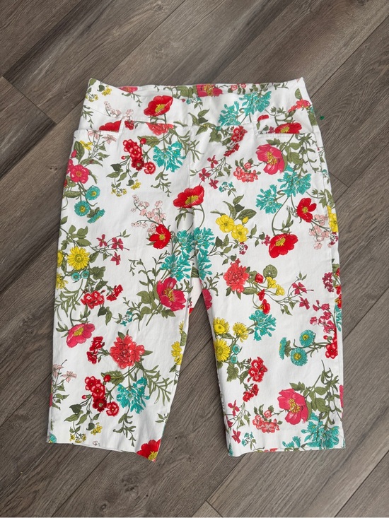 Terra & Sky Pants - Floral Pull On Capri Pants Plus Size 1X 16W 18W White Stretch Crop